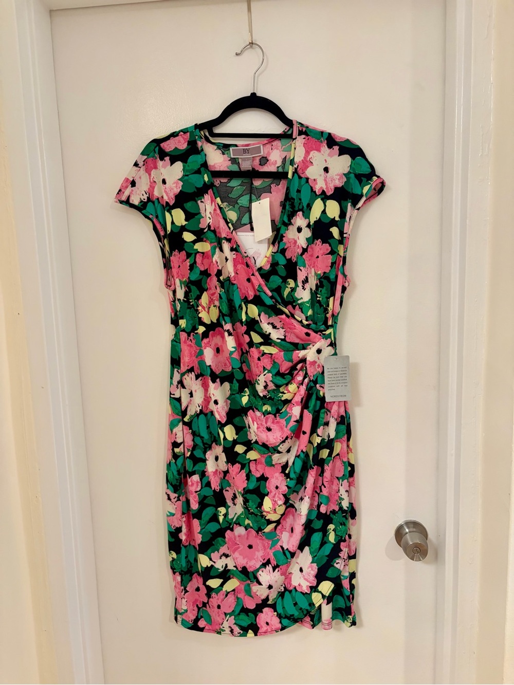 Floral Wrap Dress in Pink & Green by B.Y. Size Large